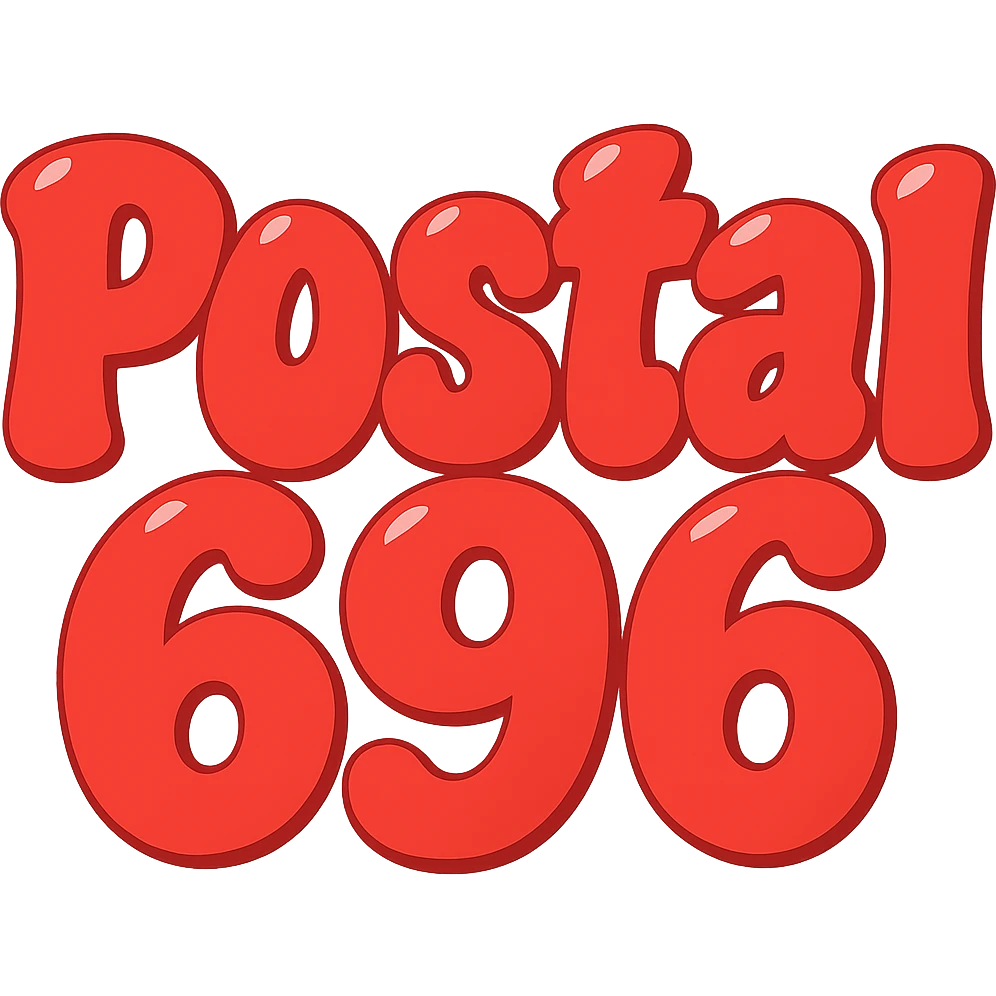 Change the font color to red for 'Postal 696', keep the extra puffy bubble letter style, whimsical and lighthearted, with a transparent background. Maintain the whimsical and lighthearted feel with extra puffy bubble letters. emoji