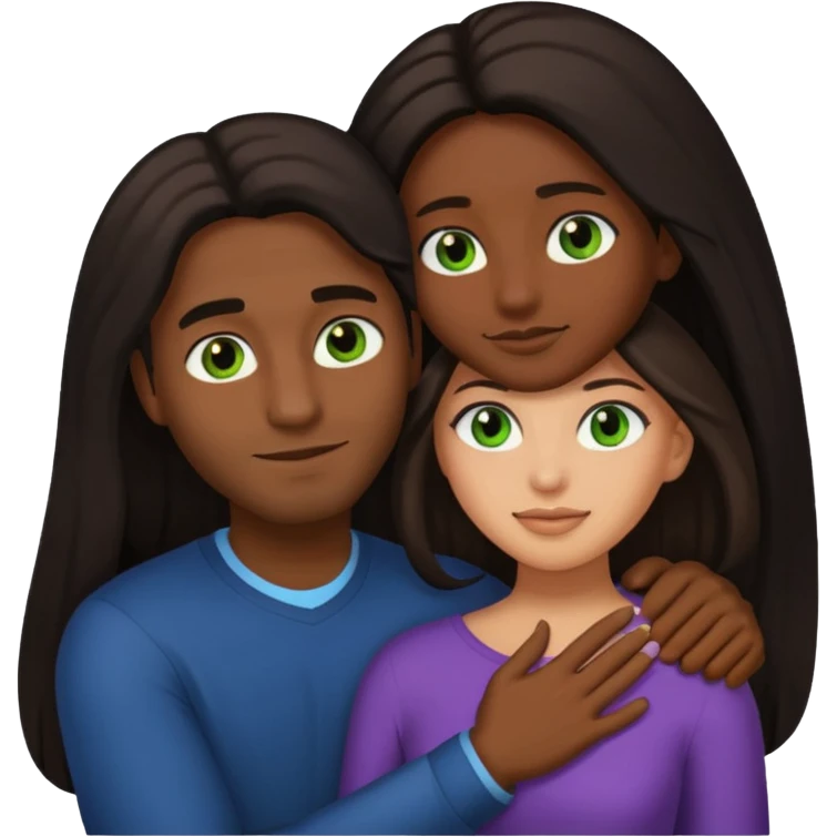 black man with brown eyes and woman with long dark hair, green eyes, and light skin embracing, emoji style emoji
