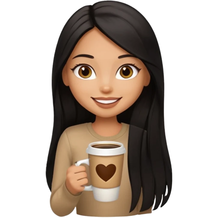 a pretty tan bratz girl with black long straight hair smiling and drinking coffee emoji