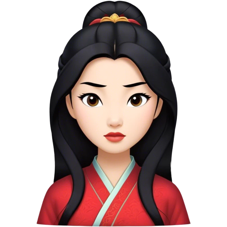 Cinematic Realistic Mulan Portrait, depicted with lifelike skin texture, soft natural lighting, and intricately detailed long black hair styled elegantly. Her deep, expressive eyes exude determination and grace, complemented by a serene yet confident expression. She is dressed in her classic attire, with rich fabric textures and delicate folds that catch the light beautifully. The portrait features a soft, enchanting glow with a natural, radiant finish, capturing the essence of timeless strength and beauty in a realistic and painterly style, evoking a sense of depth and authenticity. emoji