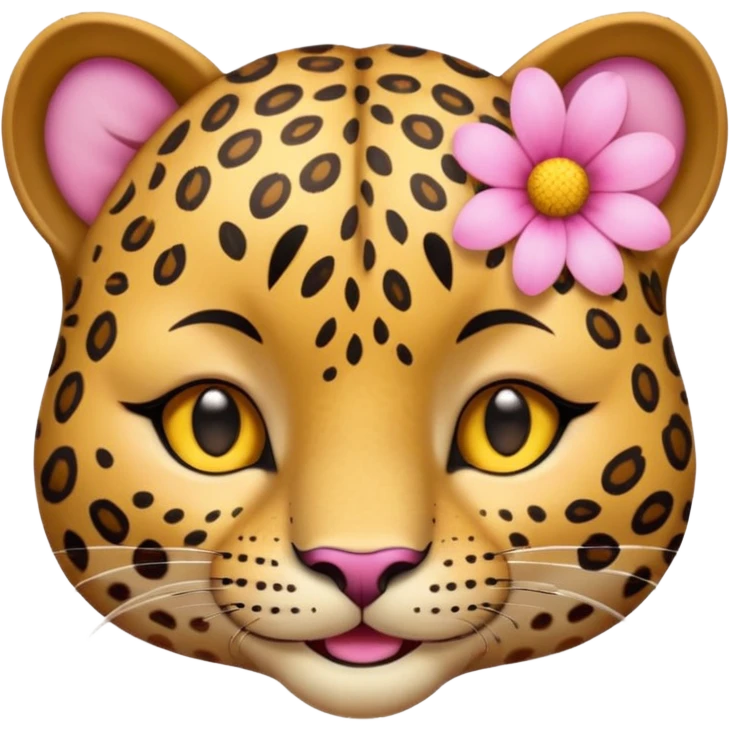A cutE leopard face with EYES CLOSED and a peaceful smile. A pink flower with a yellow center is tucked behind its right ear emoji