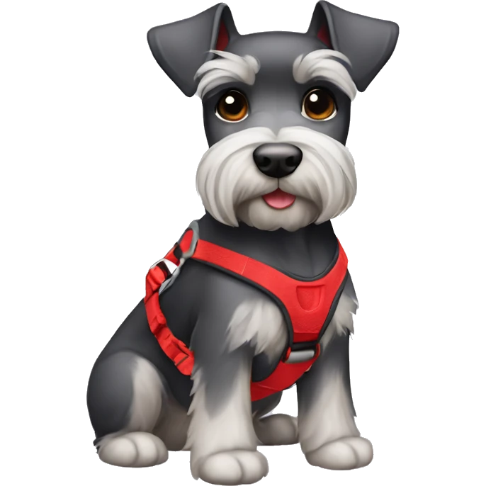 Mini Schnauzer weating red harness emoji