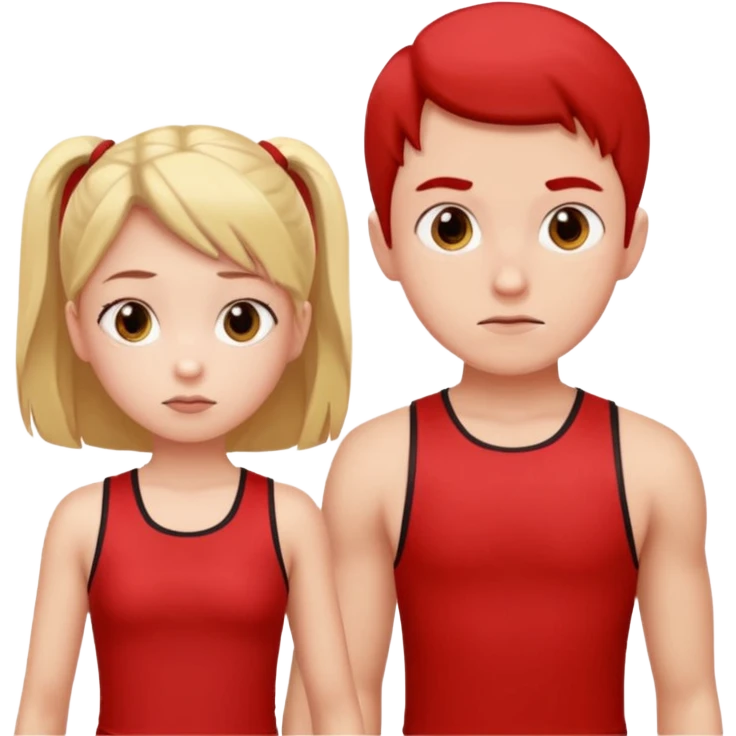 Girl and boy in red gym clothes and thoughtful faces emoji