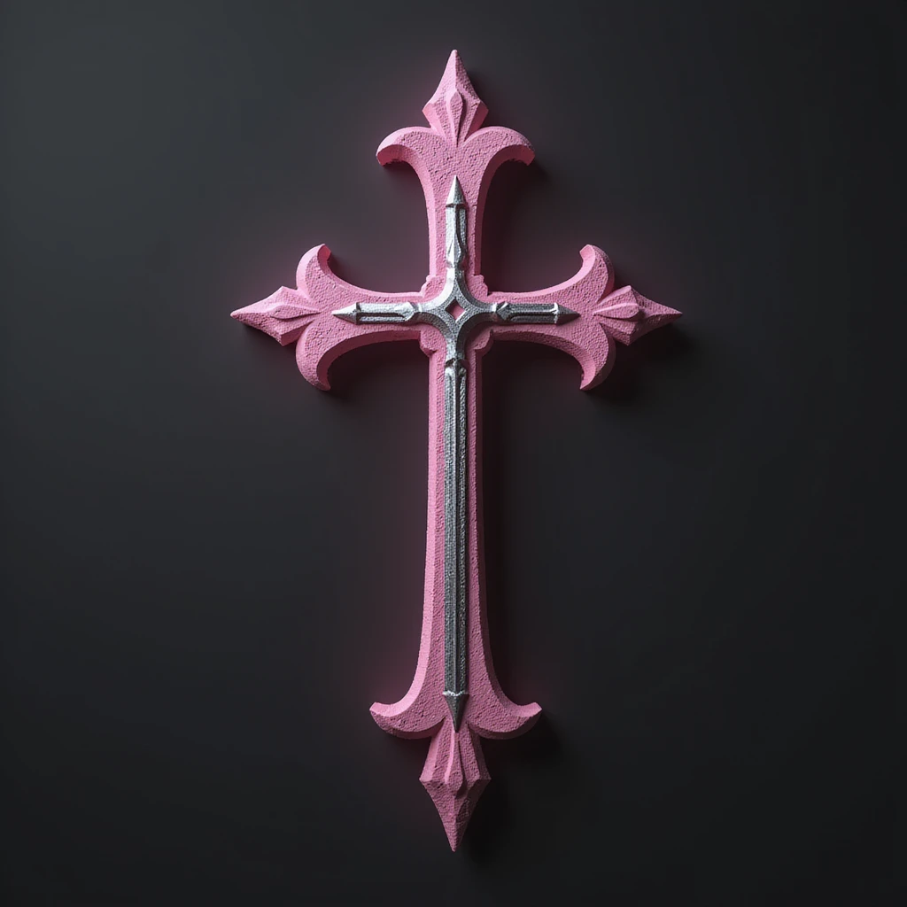 realistic gothic cross, pink with a silver dagger, photorealistic style emoji