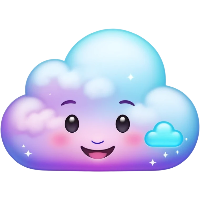 A tiny kawaii cloud emoji with a cheeky smile and wink, soft neon glow in purple/cyan, little sparkles floating, playful delulu vibe. emoji