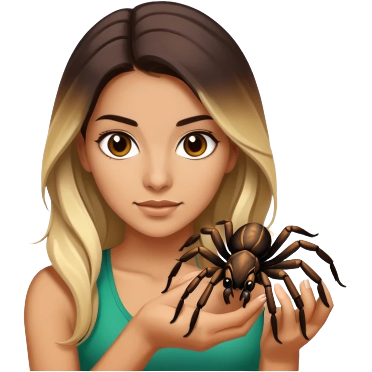 Attractive and athletic Mexican woman in her 20s with long dark brown hair with blonde highlights, with a tarantula emoji
