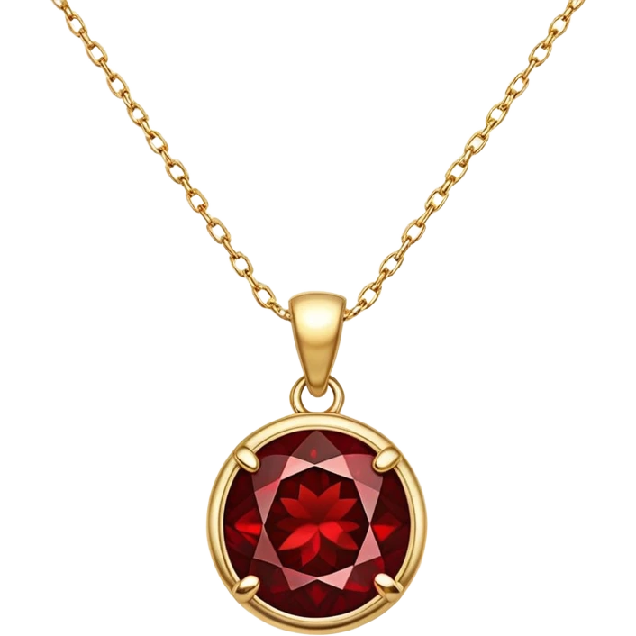 polished round red garnet pendant on a delicate gold chain, glowing with warmth and magic emoji