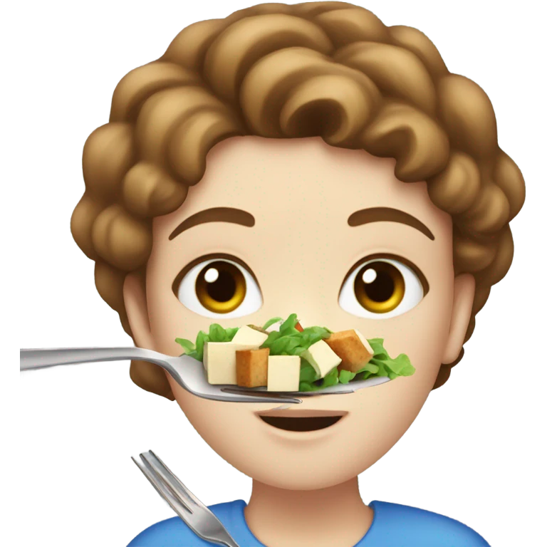 White girl with freackles Brown hair blue eyes eating Tofu salad with fork emoji