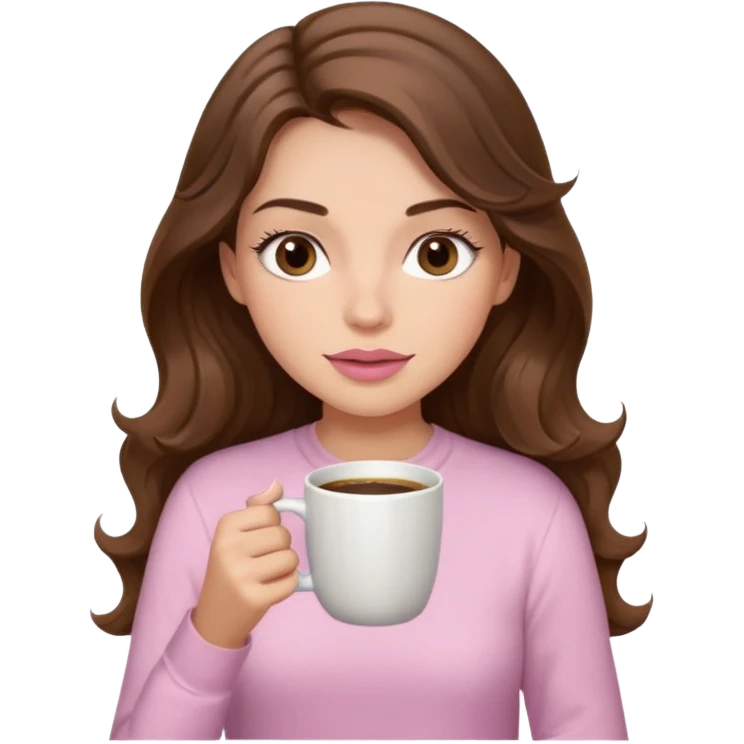 girl with wavy long brown hair, brown eyes, light to medium complexion, long lashes, light pink lipstick, wearing light pink shirt, sipping coffee emoji