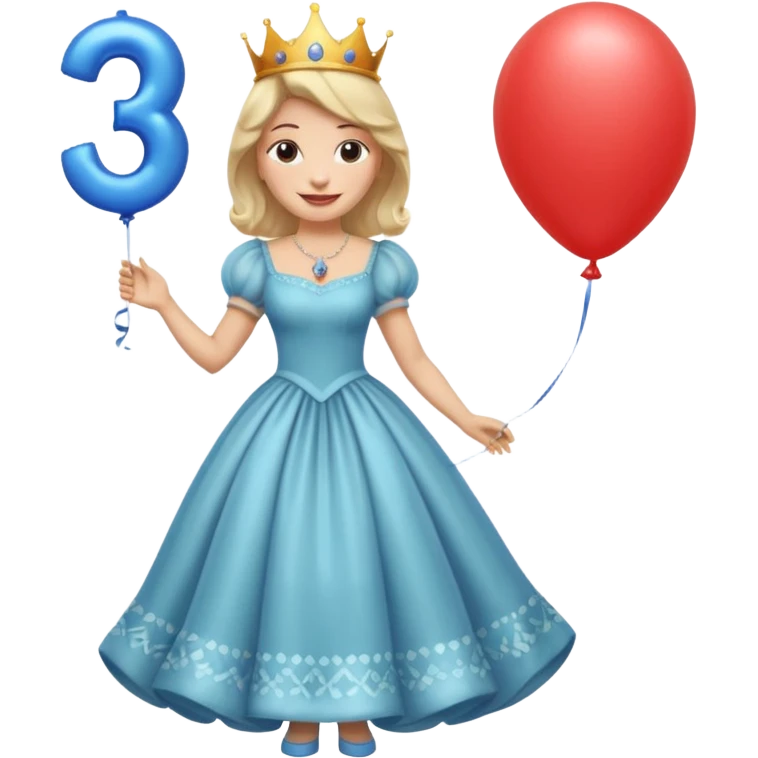 queen wearing dress, holding balloon in shape of number 3 emoji