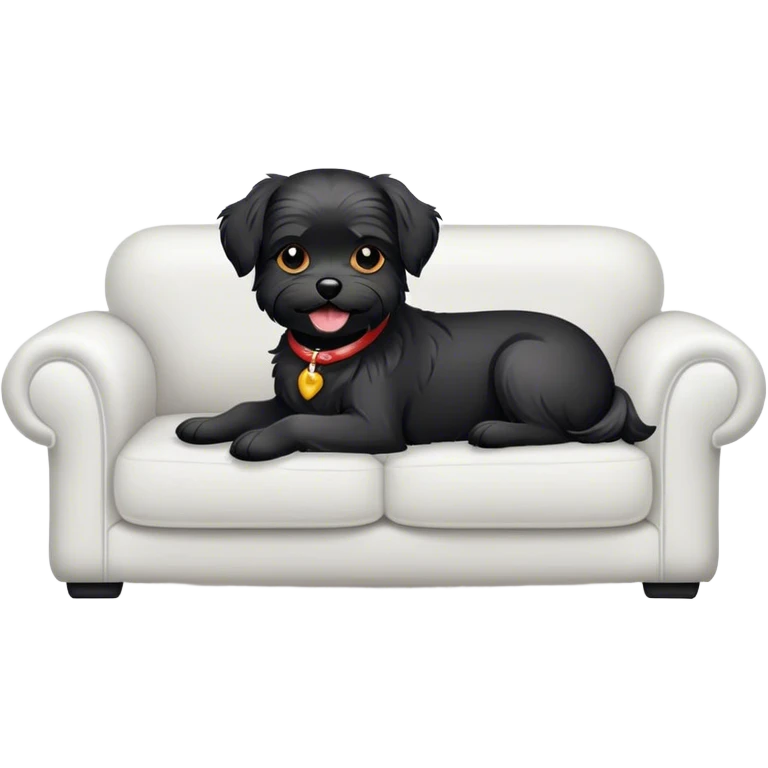 Black Maltese dog on couch with a smile emoji
