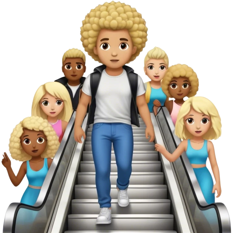 TikTok brown skinned influencer with blonde fro hawk, TheBlondeJon Aka Jon Madrid (who looks kinda like his brother josh king madrid) is going down escalator stairs partying with bunch of girls  emoji