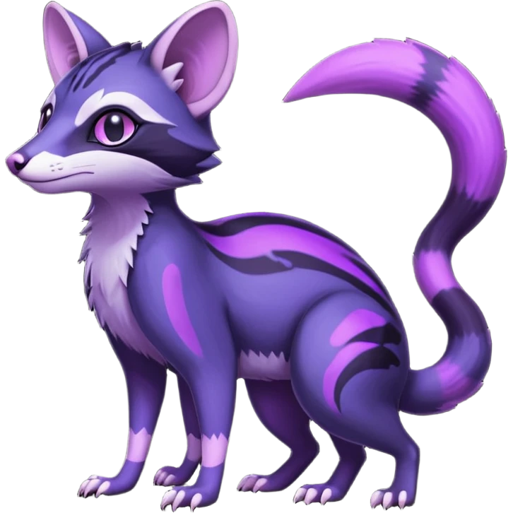Obsidian-onyx-black and glowing neon-purple, shiny blind eyes, magical fantasy-Genet-Sentret-Marsupial-Possum-Vernid-Sergal-Fakémon-hybrid, by LiLaiRa-griffsnuff, full body emoji