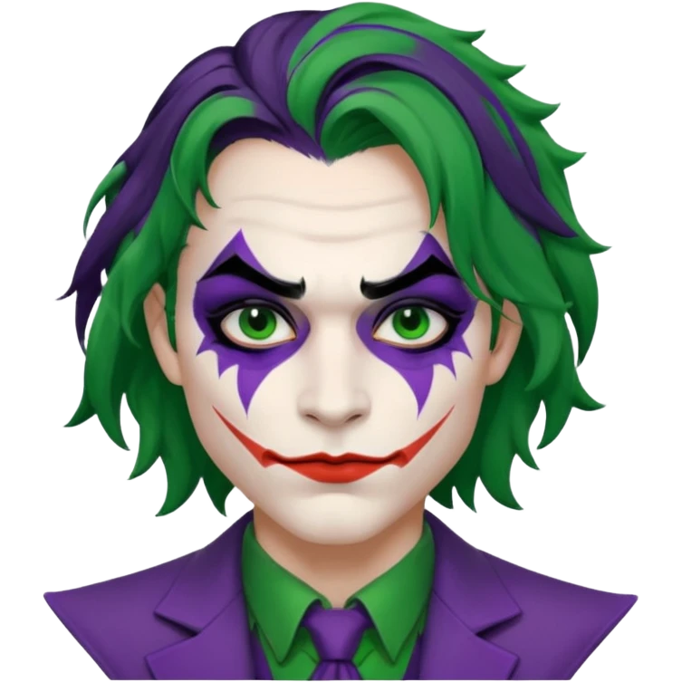 Faça uma pessoa com cabelo preto pouco bagunçado e pouco grande com cara de coringa emoji