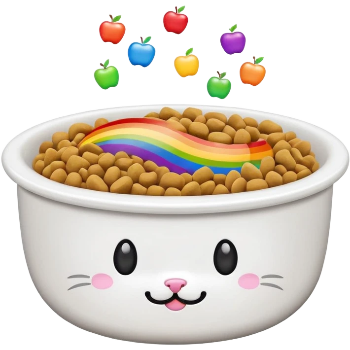adorable cat food bowl overflowing with food, white kibble and colorful rainbow bits, apple emoji style emoji