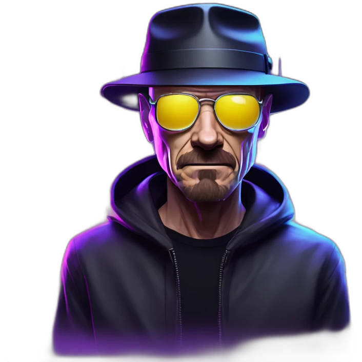 Walter White wearing a black hoodie with "OMG" letters on it and VR headset in a cyberpunk VR environment with violet neon lighting. emoji