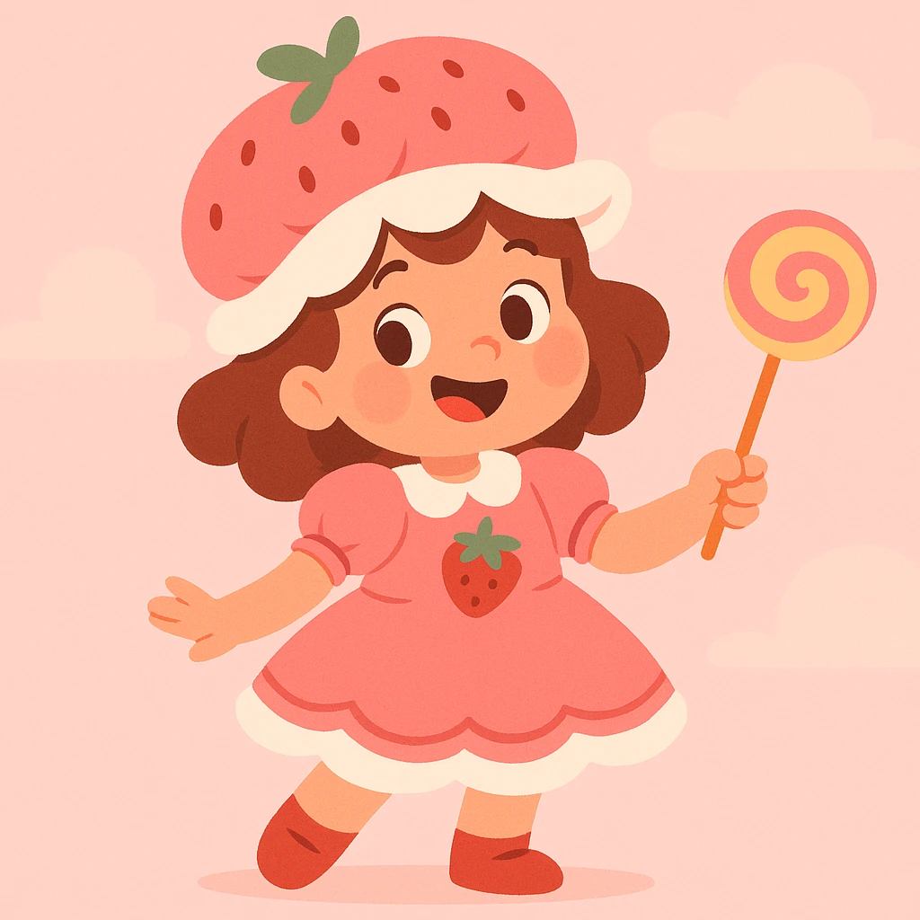 little girl in a strawberry shortcake dress, holding a candy wand, pastel background, pastel toon style emoji
