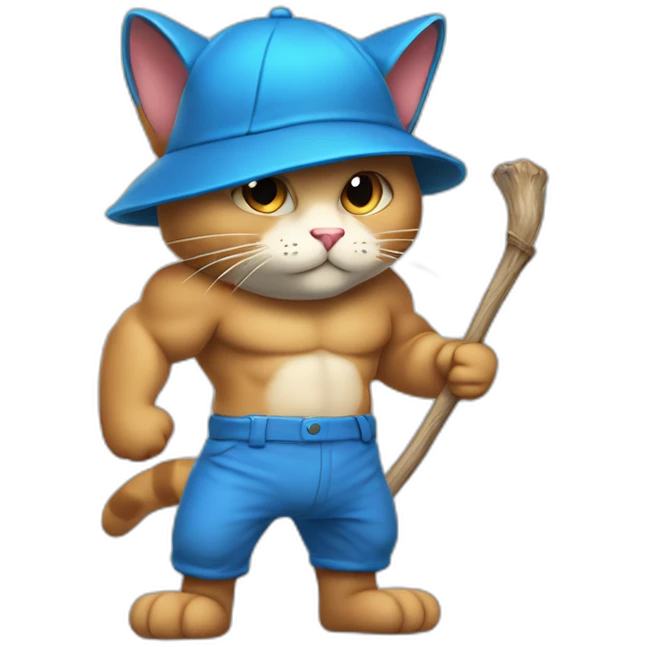 Strong muscles Blue cat NO ears  wearing a mushroom cap carrying a stick in one arm standing on two legs with pants emoji