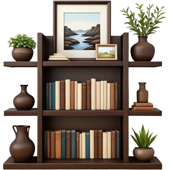 Wooden shelving unit with books and decorative items emoji