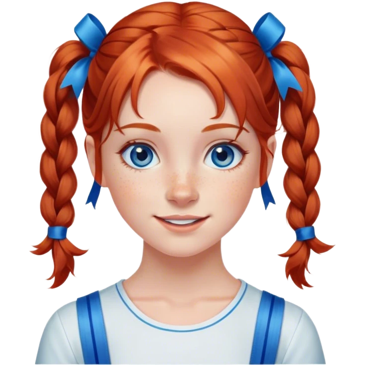 A cheerful, young red-haired girl with bright blue eyes and freckles, styled in two playful pigtails tied with blue ribbons. emoji