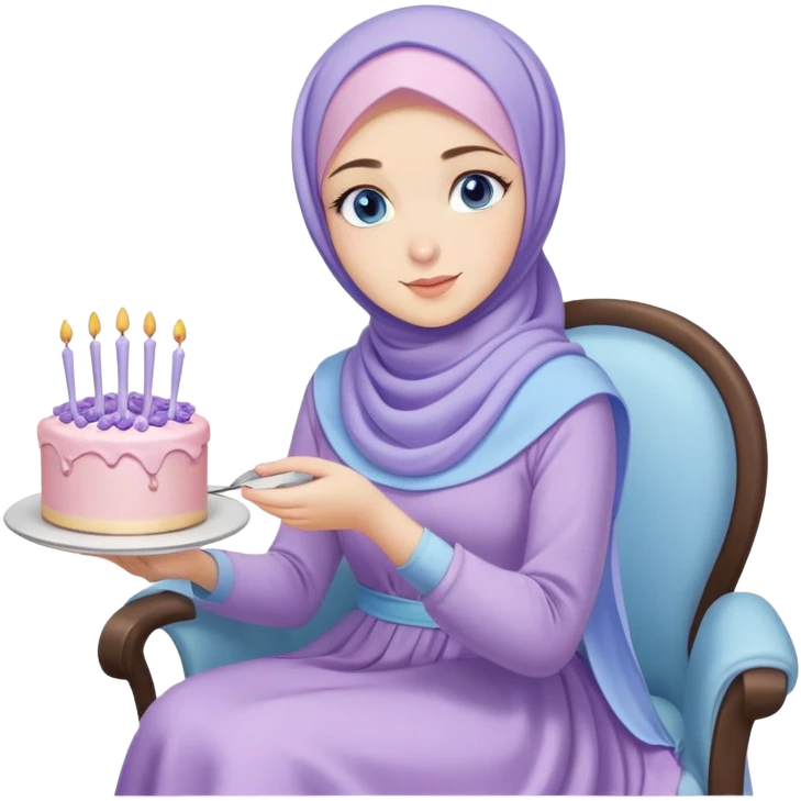 Turkish beautiful finish Konya girl blue eyes with pastel hijab long tail dress and sits on the chair and holds lavender cake with her hand  emoji