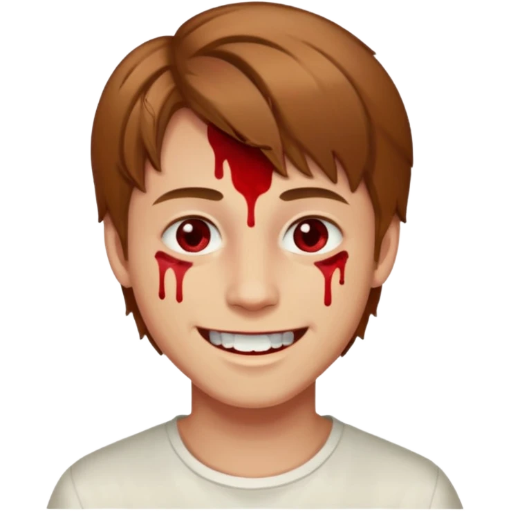парень с русыми волосами средней длины; белая кожа; белые глаза; открытая улыбка, где на зубах кровь;  emoji