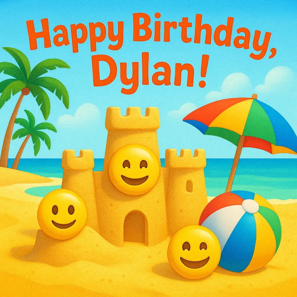 Playful digital birthday card for Dylan featuring a tropical beach scene with 3D emoji sand castles, beach ball, umbrella, happy face emojis, headline 'Happy Birthday, Dylan!', bright and festive colors emoji