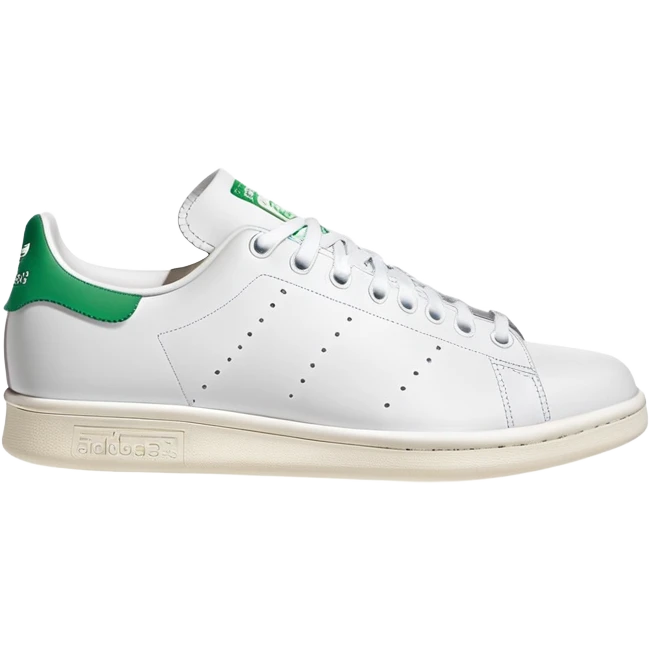 Classic white Adidas Stan Smith sneaker with green heel tab, white leather body, side view, perforated three stripes, iOS emoji style emoji
