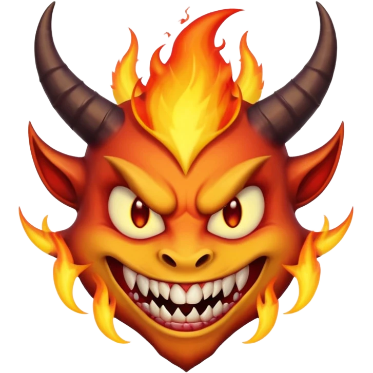 Create a dark-themed emoji of a demonic face with sharp, curved horns, glowing white eyes, an evil grin with large pointed fangs, and abstract flame-like patterns around the face. The background should be pure black. emoji