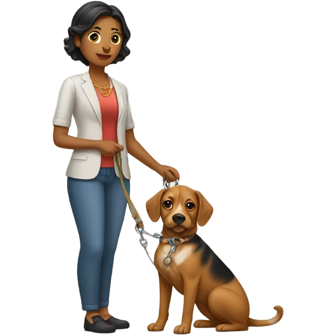 a bengali woman holding a dog on a leash emoji
