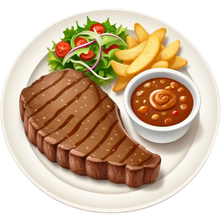 big juicy australian steak meal featuring chips, small salad in a ramikan and gravy in a small bowl on the plate emoji