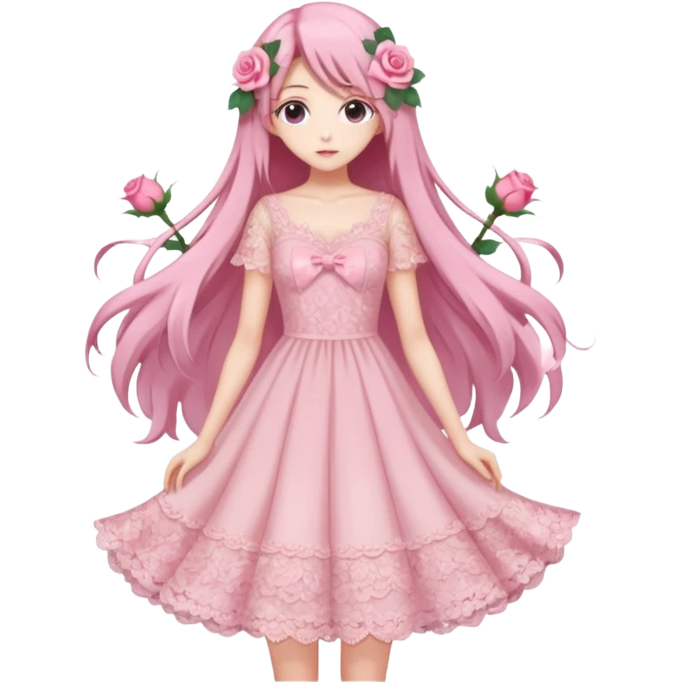 pastel anime woman with pink roses lace dress full body emoji
