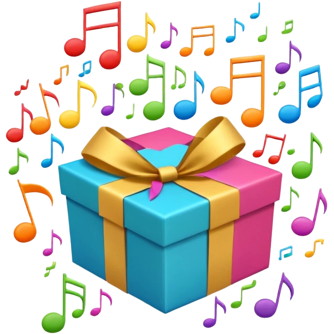 A wrapped gift box opening with colorful music notes flying out from the box emoji