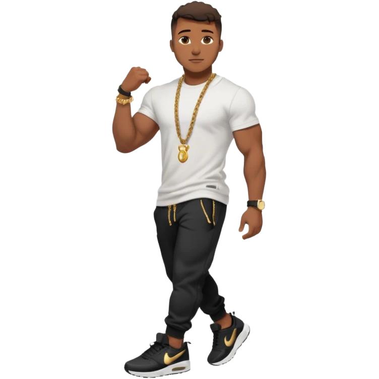 Handsome Black guy with brown skin tone, with muscular build, wearing black sweatpants, a white t-shirt, black Nike air max, a gold rope chain, and a gold watch  emoji