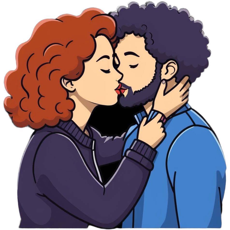 curly haired girl kissing a man with a beard, romantic couple kiss emoji