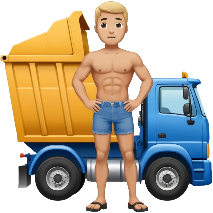 Man with blue Jean style speedo standing in front of a dump truck  emoji