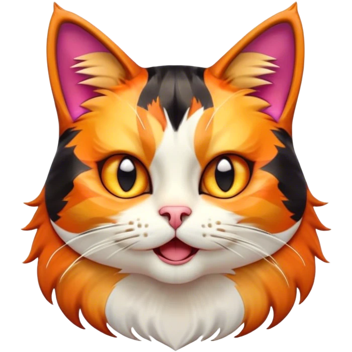 Cinematic Comical Calico Cat Portrait Emoji, Head tilted dramatically with an exaggeratedly surprised expression, showcasing a vibrant patchwork fur of orange, black, and white with wide, comically expressive eyes, simplified yet hilariously detailed, glowing with a sassy, golden radiance, high shine, exuding playful mischief and cheeky feline attitude, styled with a soft glowing outline, capturing the essence of a calico cat that looks ready to leap off the screen with mischievous flair! emoji