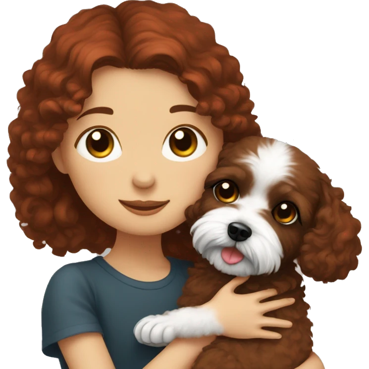 Dark-red-haired girl hugs  her Maltipoo-Black-dog emoji