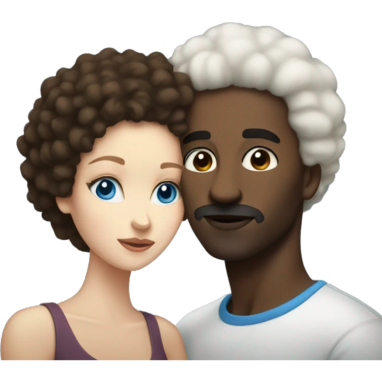 Black man with short Afro kissing brunette white woman with blue eyes emoji