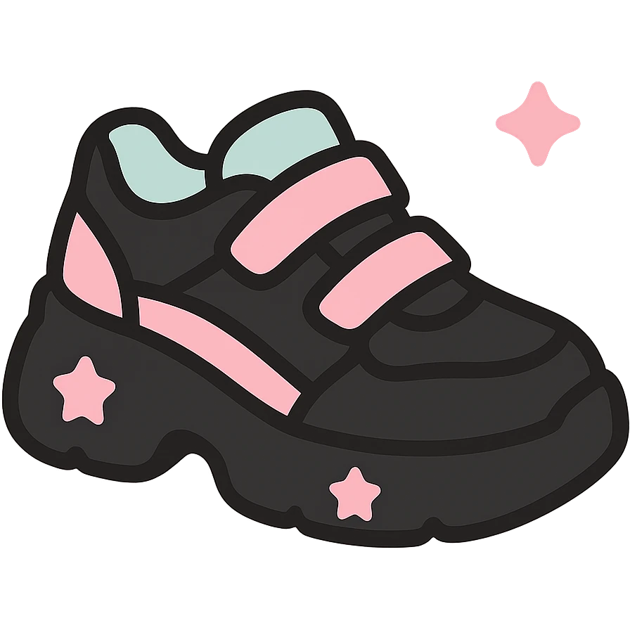 BLACKPINK-inspired gothic shoes, no hearts, black and pink, cute and stylish, kawaii style, chunky sneakers with star accents, pastel mint accents emoji