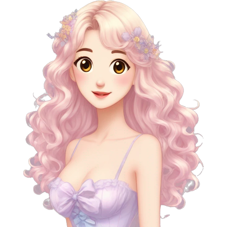 gorgeous pretty attractive anime lady beautiful hair with gorgeous dress fairycore cottagecore pastelcore detailed high quality trending VOGUE aesthetic head and bust emoji
