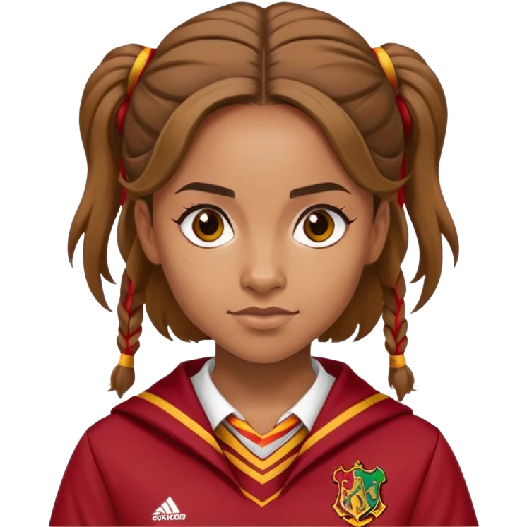 Angelina Johnson in harry potter, wear hogwarts gryfindor uniform, hair tied neatly to play sport emoji
