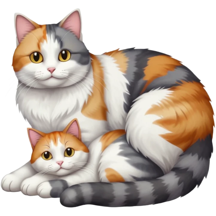full body colourful light patched calico + white tabby cat cuddling a large grey and white cat  emoji