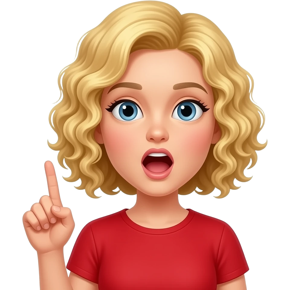 blonde curly bob with mouth saying in an o with finger in the air in a red shirt emoji