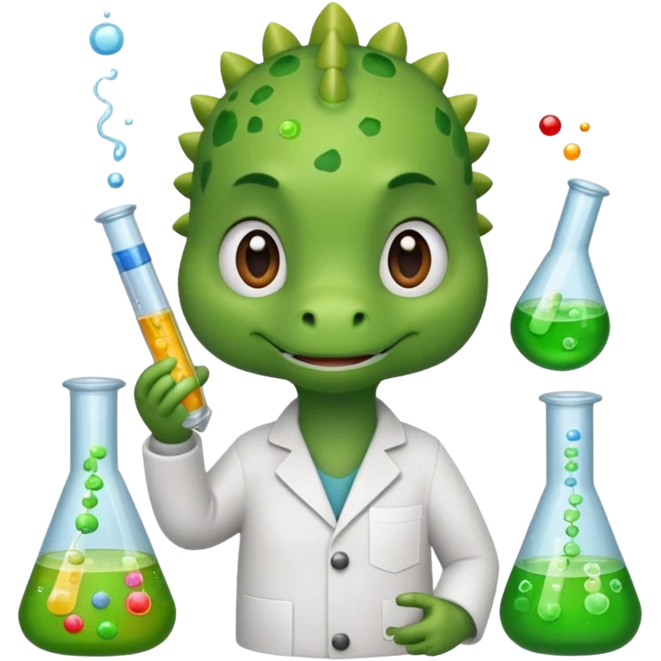 cute dinosaur holding a beaker and test tube, surrounded by chemistry and biology tools, emoji style emoji