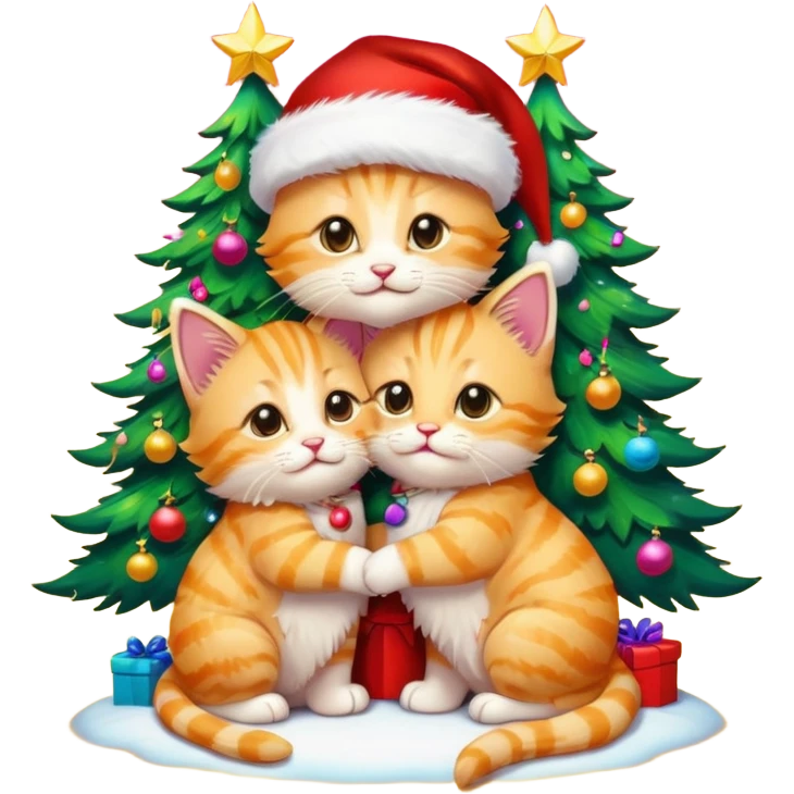 two cute hugging golden fluffy tabby kittens with Santa hats by a colorful multicolored brightly lit up Christmas tree emoji