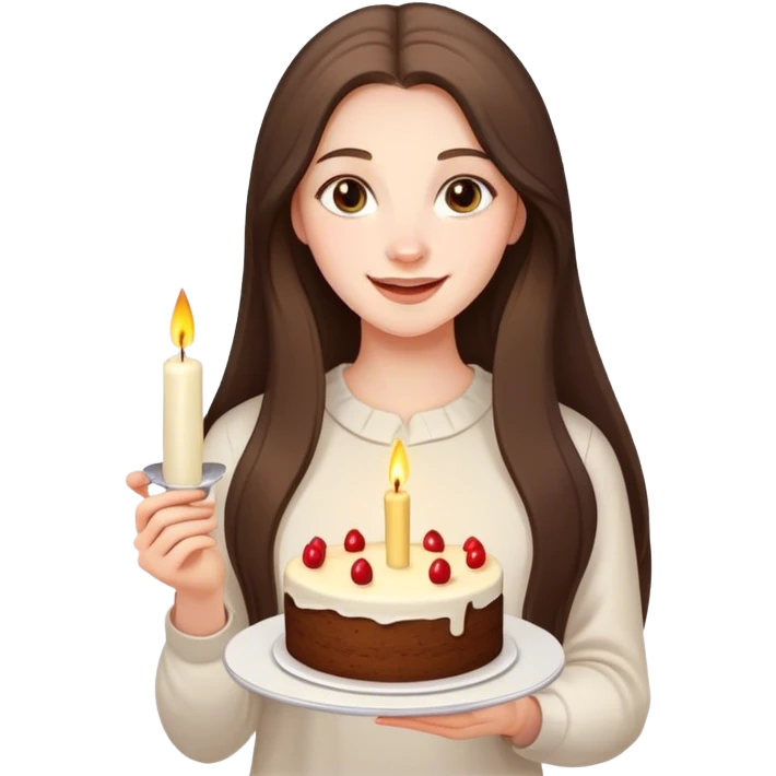 happy beautiful pale brunette girl with long hair holding a piece of cake with candle emoji