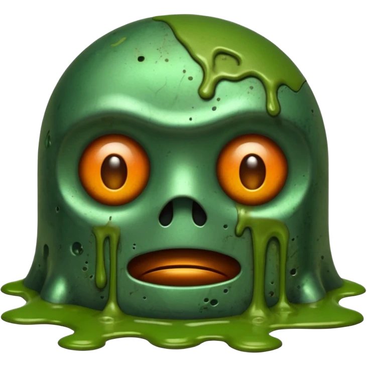 make a tired old melting robot emoji, covered in green sludge, 2d, make the eyes melting and gross emoji