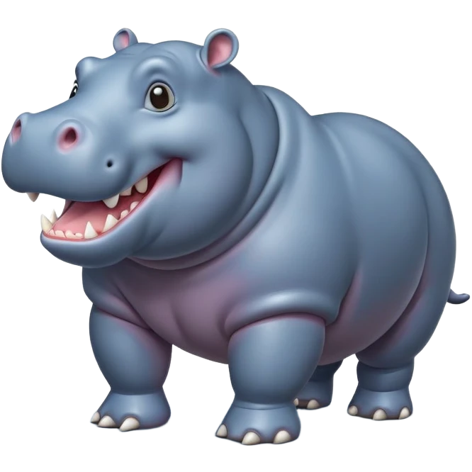 cinematic-hippo-realistic-full-body-side-view-standing-on-all-fours-emoji,-massive-round-frame,-wide-mouthed-grin-exposing-huge-teeth,-head-tilted-dramatically,-thick-greyish blue-hide-glossy, big cute eyes emoji