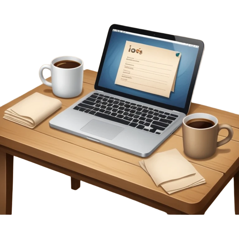 emoji of a cozy desk with a paper, a single coffee, and a laptop on it emoji